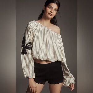Anthropologie Striped Off-Shoulder Top with Black Embroidery - NWT